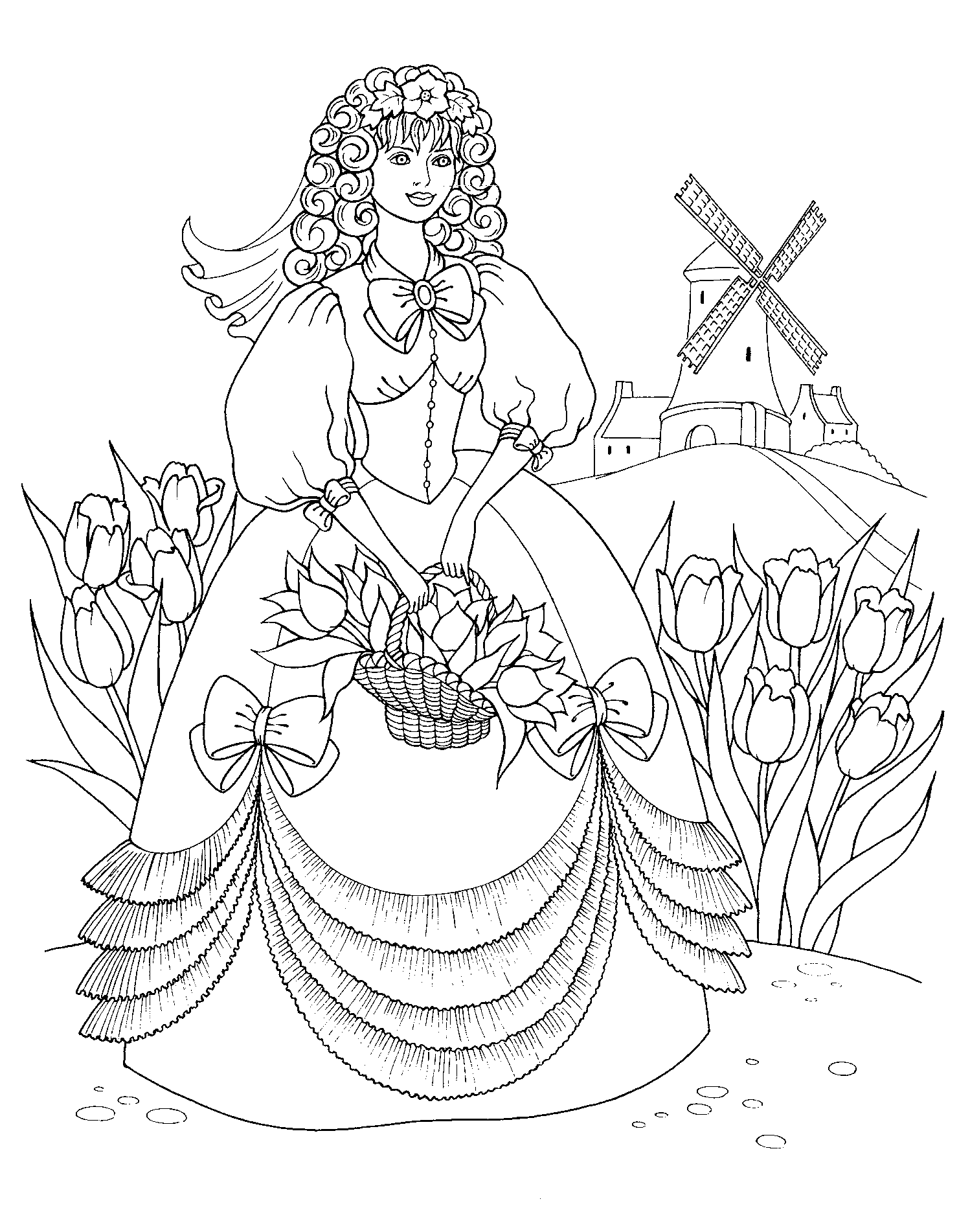 Раскраска принцесса с цветами
