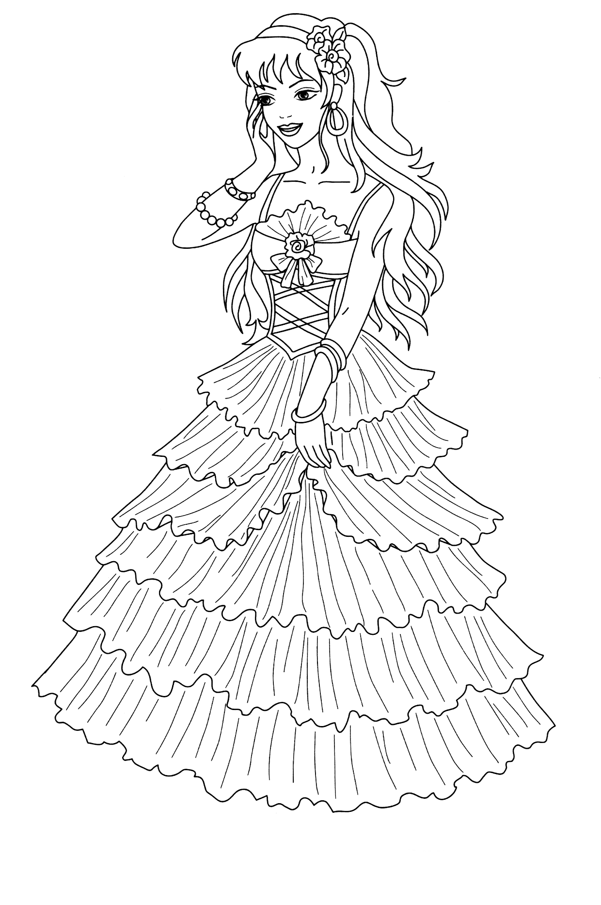 Рисунок девушки в платье раскраска