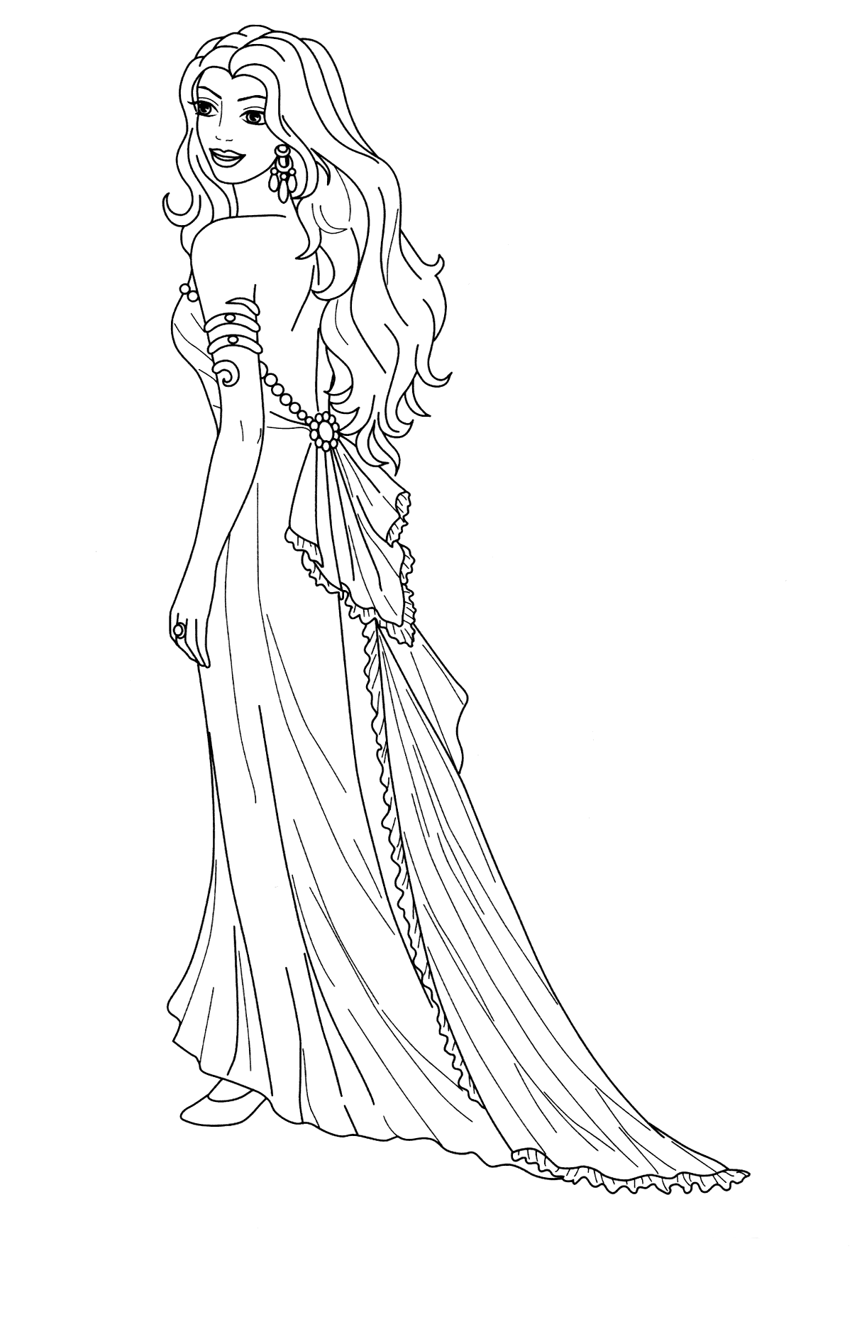 Принцесса в длинном платье раскраска